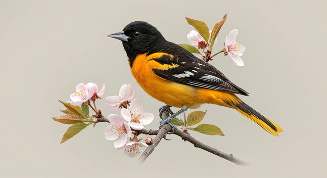 Baltimore Oriole Perched on Cherry Blossom Branch Spring Bird Portrait Detailed Birdwatching Stock Image