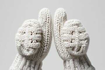 Knitted mittens, cream color, close-up