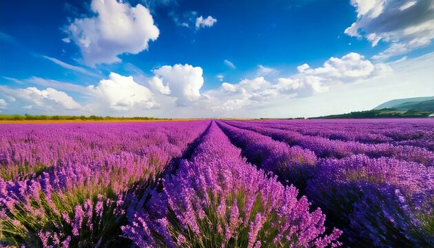 Vast lavender flower field with bright blue sky and white clouds.