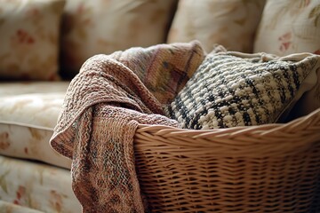 Obraz premium Woven Basket with Pillows and Knit Throw Blanket on Sofa with Floral Cushions
