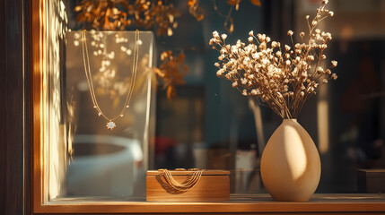 Elegant Retail Display: A captivating storefront display showcases delicate jewelry and a vase of dried flowers, inviting customers into an aesthetic retail experience.