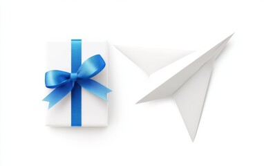 Gift and Paper Airplane on White Background