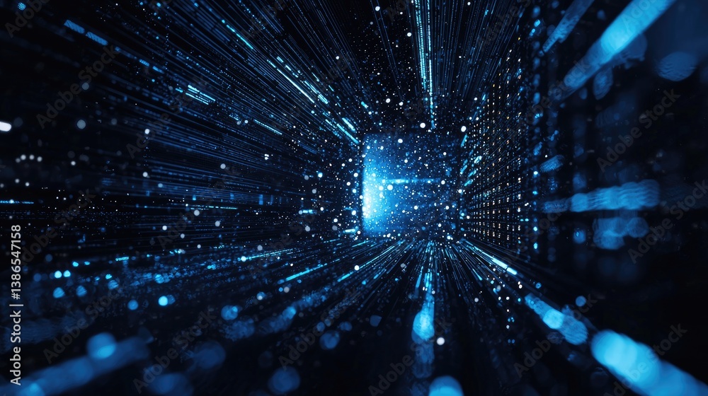 Poster Dynamic abstract visualization of data streams and digital particles in motion, creating a tunnel of light. Ideal for tech, AI, big data, and futuristic concept visuals
