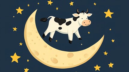 A Happy Cow's Nightly Journey on a Cheese Moon Under a Starry Sky