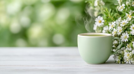 Steaming Teacup with Daisies Soft Pastel Style High-Resolution, Shallow Depth of Field, Gentle Texture, Relaxation Moment, Blurred Garden Backdrop, Serene Green Tones, Perfect for Wellness Branding.