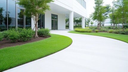 Naklejka premium A curving concrete pathway winds through a landscaped area outside a modern white building. Well-maintained grass and shrubs border the path. The building features large windows and a simple design.