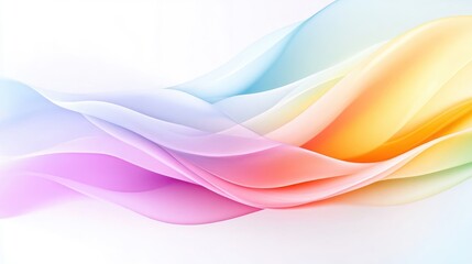 Pastel-colored waves flow across a white background. The image features smooth, translucent forms in shades of purple, blue, and yellow. The style is abstract and dreamy, creating a serene mood. The