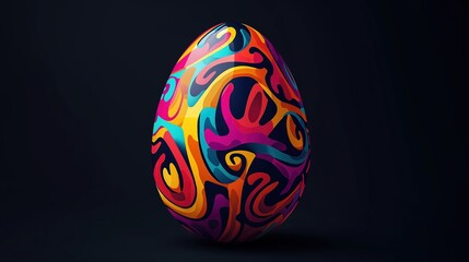 Fototapeta premium Easter's Bold and Dynamic Statement: A Single Egg with Vivid, Abstract Swirls of Color on a Dark Background, Embodying Festive Creativity