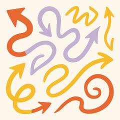 Hand-Drawn Arrows: Whimsical, Colorful, Curving Paths on Cream Background