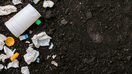 Obraz premium A discarded cup and crumpled papers lie on a dark, textured surface, highlighting litter and pollution.