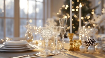 Crystal glassware reflecting light beside a golden candle holder and classic white dinnerware