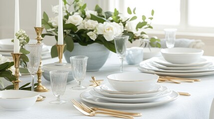 Fototapeta premium Formal dinner arrangement with white ceramics and gleaming gold candle holders and silverware