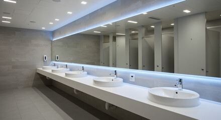 Modern Public Bathroom with Multiple White Sinks and Large Mirror with Lighting in Commercial Building