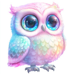 Whimsical pastel rainbow owl illustration for kids, colorful digital art design with cute, vibrant details and soft tones