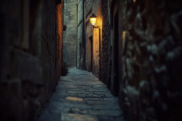 Fototapeta premium Exploring a Mysterious Narrow Alleyway with Dim Flickering Lights Perfect for Atmospheric Photography and Urban Exploration