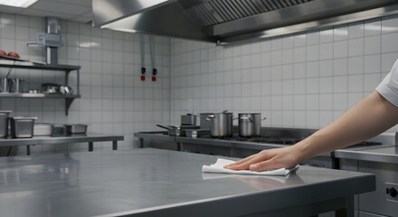 Fototapeta premium Hand Wiping Stainless Steel Table in Commercial Kitchen with Tiled Walls and Silver Equipment