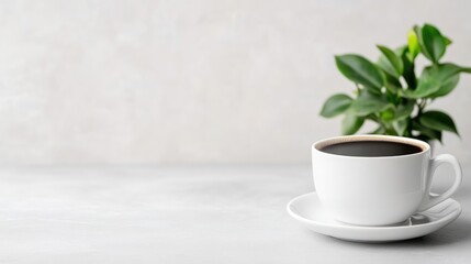 Fototapeta premium Simple coffee cup on a light surface with greenery