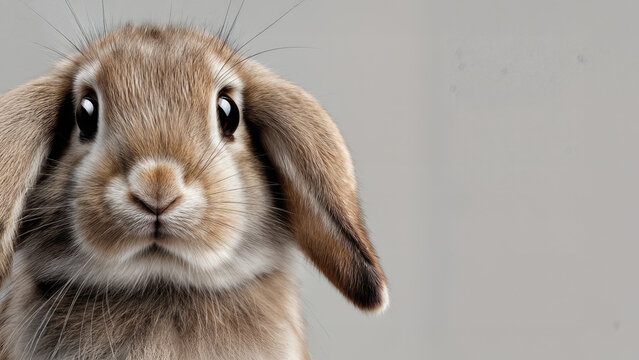 Close-up of a young brown lop-eared rabbit. Large, dark eyes and fluffy fur Neutral background and ample copy space. Domesticated bunny. Family pet.
