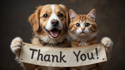 A cheerful dog and cat holding a 'Thank You!' sign, showcasing friendship and appreciation between pets.