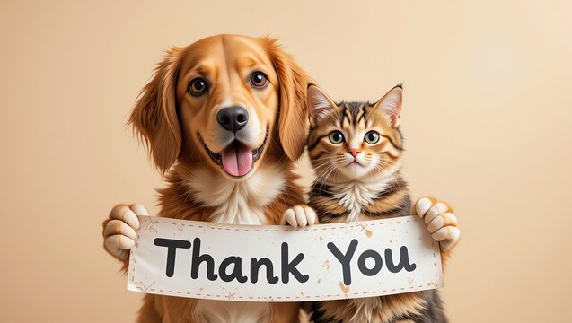 A cheerful dog and cat holding a 'Thank You' sign, showcasing the bond between pets and their gratitude towards humans.
