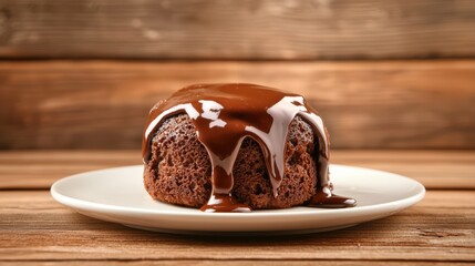 Chocolate cake with rich sauce on wooden background
