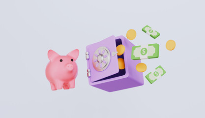 Safe box with money coins banknote pink piggy bank, financial security protection, Money savings for retirement in strongbox concept