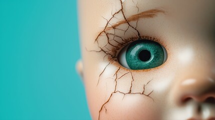 Close-up of a cracked doll face with blue eye