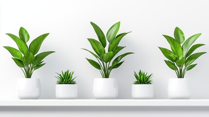 Serene minimalist home decor, three white vases with lush green plants on a shelf