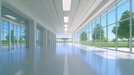 Bright and airy hallway with panoramic park views through large