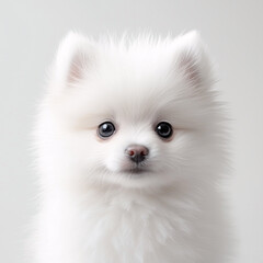 Cute fluffy white Pomeranian puppy with big eyes looking at camera on light background
