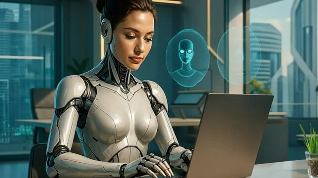 Hermosa j&oacute;ven mujer cyborg, a&ntilde;adi&oacute; a su cuerpo las &uacute;ltima tecnolog&iacute;a para potenciar sus habilidades. Est&aacute; escribiendo en su laptop en su oficiana futurista utilizando los avances de la IA.