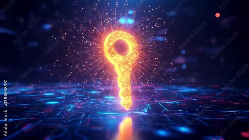 Poster glowing key symbolizing digital security exploring blockchain technology and holographic encryption