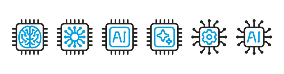 Artificial Intelligence Processor Chip Icons Set