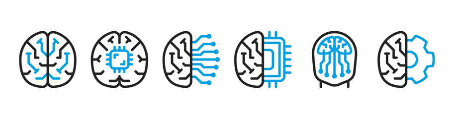 AI Brain Dualtone Icons Set for Neural Network Chip and Technology