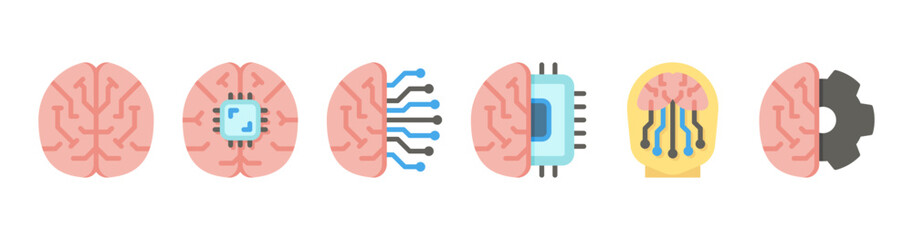AI Brain Flat Icons Set for Neural Network Chip and Technology