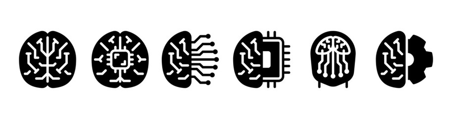 AI Brain Glyph Icons Set for Neural Network Chip and Technology