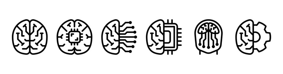 AI Brain Line Icons Set for Neural Network Chip and Technology