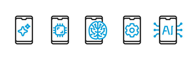 AI Mobile App Dualtone Icons Set For Artificial Intelligence, Neural Network, Chip, Brain, Settings