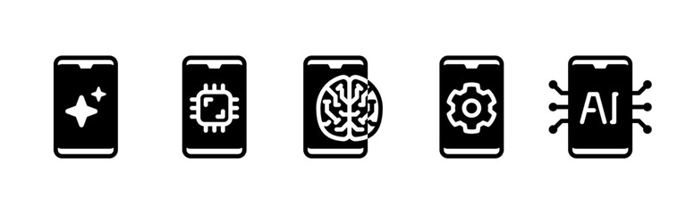AI Mobile App Glyph Icons Set For Artificial Intelligence, Neural Network, Chip, Brain, Settings