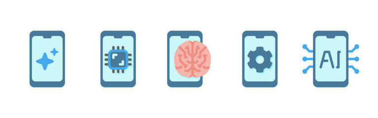 AI Mobile App Flat Icons Set For Artificial Intelligence, Neural Network, Chip, Brain, Settings