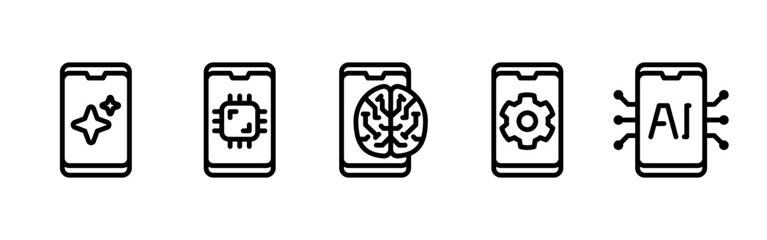 AI Mobile App Line Icons Set For Artificial Intelligence, Neural Network, Chip, Brain, Settings