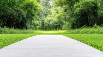 Obraz premium Pristine path through lush forest. A paved walkway stretches through a verdant forest, bathed in natural light. Green grass borders the pathway