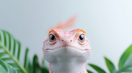 A pink crested gecko with large eyes is the focus. Its surrounded by green foliage. The image is high-quality, well-lit, and features a soft, pastel color palette. The style is clean and aestheticall