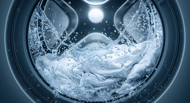 Close Up of White Clothes Being Washed in a Washing Machine with Blue Tinted Water Spinning Around