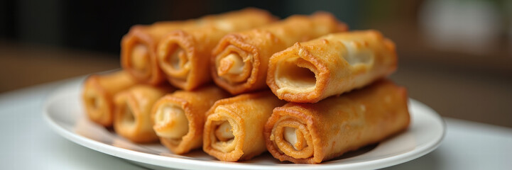 Crispy, golden spring rolls plated beautifully, perfect for showcasing delicious appetizers or enticing menus in culinary promotions.