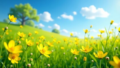 Fototapeta premium Idyllic spring meadow with bright yellow flowers under blue sky, Flora, Sunny day