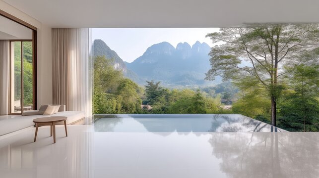 Infinity Pool Minimalist Lounge Modern, High-resolution, natural light, Landscape wide shot, Serene view, Relaxation concept, Mountain backdrop, Calm neutral tones, Luxury resort advertising.