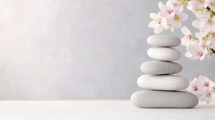 Zen stones and cherry blossoms, peaceful scene