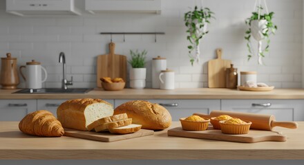 Set of breakfast food, bakery, cake on table kitchen background, wallpaper 