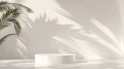Minimalist white podium with tropical shadows